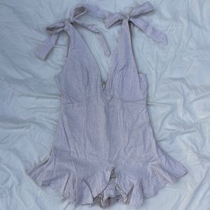 Beige Linen Tie Shoulder Tank Romper Playsuit Ruffled